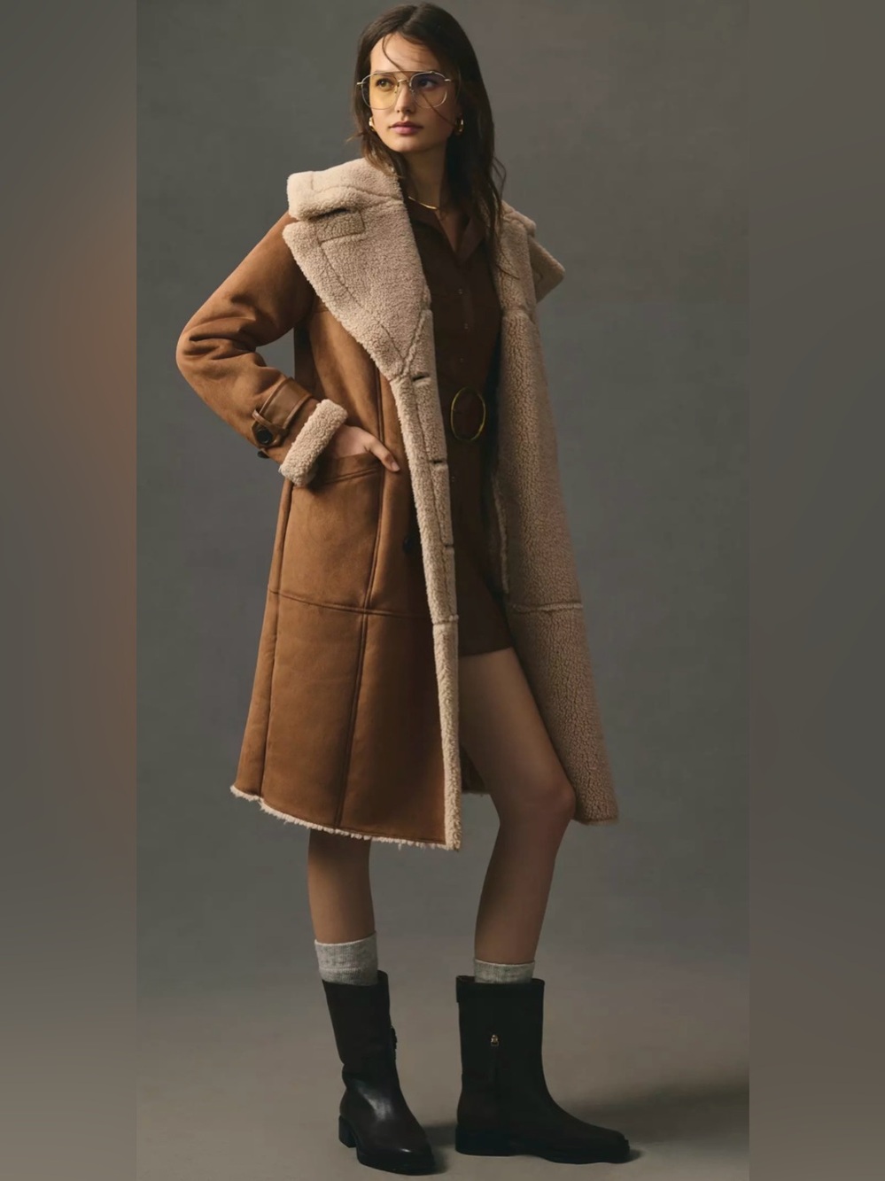 Anthropologie Avec Les Filles Brown Faux Shearling Trim Trench Coat Medium
